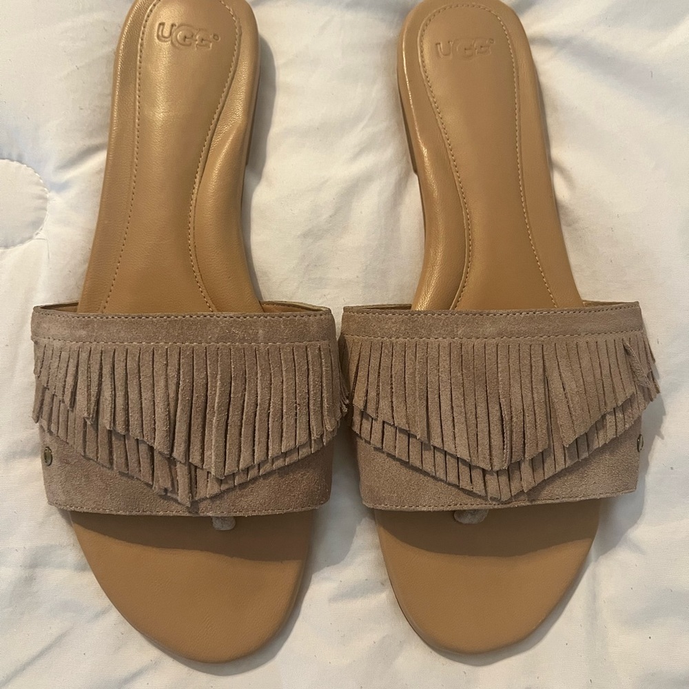 UGG Sand Fringe Slide Leather/Suede Sandals Tan Fringe